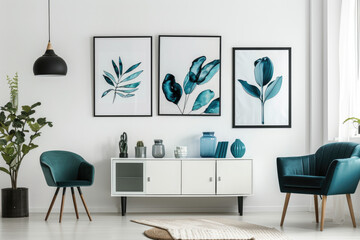 A white wall with black frames on it, each frame containing an abstract print of leaves or geometric shapes in teal and grey tones.