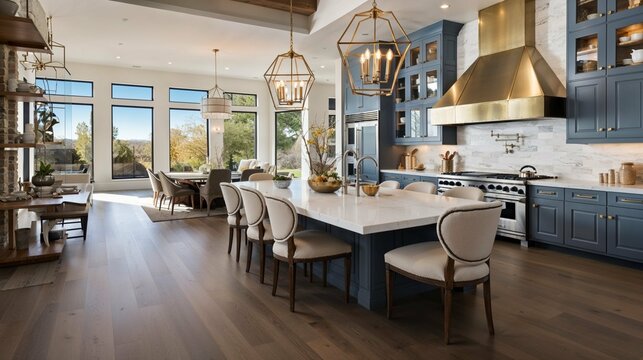 Elegant Modern Kitchen and Dining Interior with Panoramic View