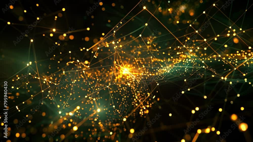 Poster a web of connecting lines and dots on a dark background representing the various routes and trading 