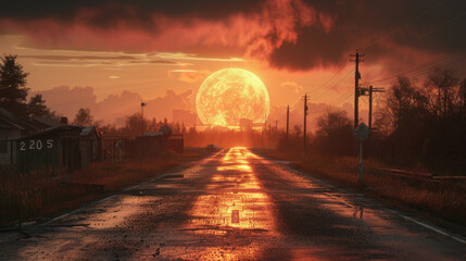 The sun casts a warm glow on the horizon as it sets behind a road, creating a scenic view.