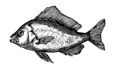 bream fish engraving black and white outline