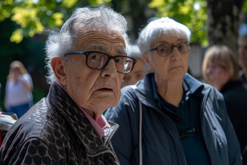 Portrait of an elderly man with glasses on a city street.