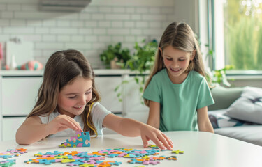 Two little girls, one with brown hair and the other blonde wearing green , sitting at an empty white table doing colorful puzzle pieces together