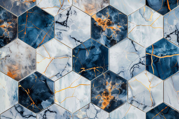 Marble Hexagon Tile Mosaic
A mosaic of hexagonal tiles in shades of navy and white marble, accented with veins of gold, creates an elegant and luxurious pattern