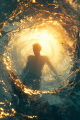 Silhouetted figure passing into a new dawn of the afterlife in an isolated,cinematic,and hyper-detailed 3D rendered scene