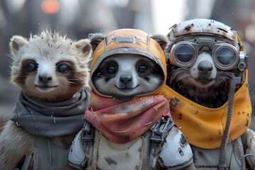 Naklejka premium Sloth,Ferret,and Lamb Companions Band Together Against Pixelated Cyborg Threats in