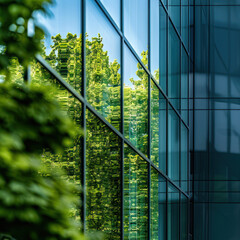 A closeup of green glass windows on an office building