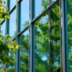 A closeup of green glass windows on an office building
