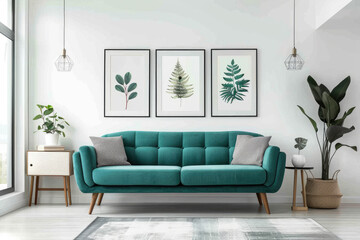 A white wall with black frames on it, each frame containing an abstract print of leaves or geometric shapes in teal and grey tones.