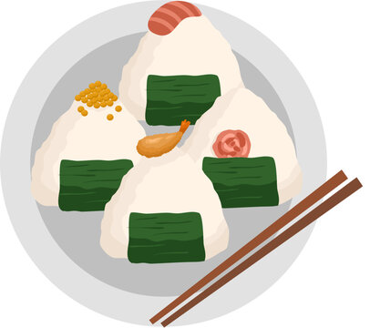  Japanese food onigiri rice ball. Onigiri japanese rice ball  with nory seaweed various taste. Asian rice food. Japanese fast food.