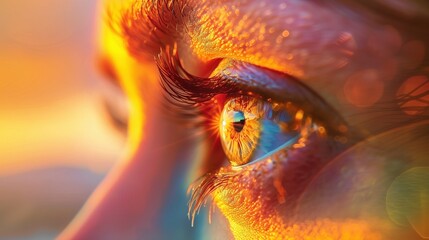 Double exposure of woman's eye and sunset or sunrise, background, AI-generative