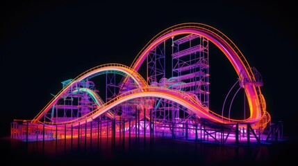 Amusement park with roller coaster at night with bright colorful neon lights