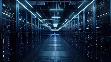 Data center interior with dynamic lights, tech essence