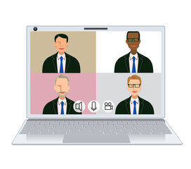 男性4人のオンライン会議のイメージイラスト　4分割フラットデザインの色々な人種のビジネスマン
