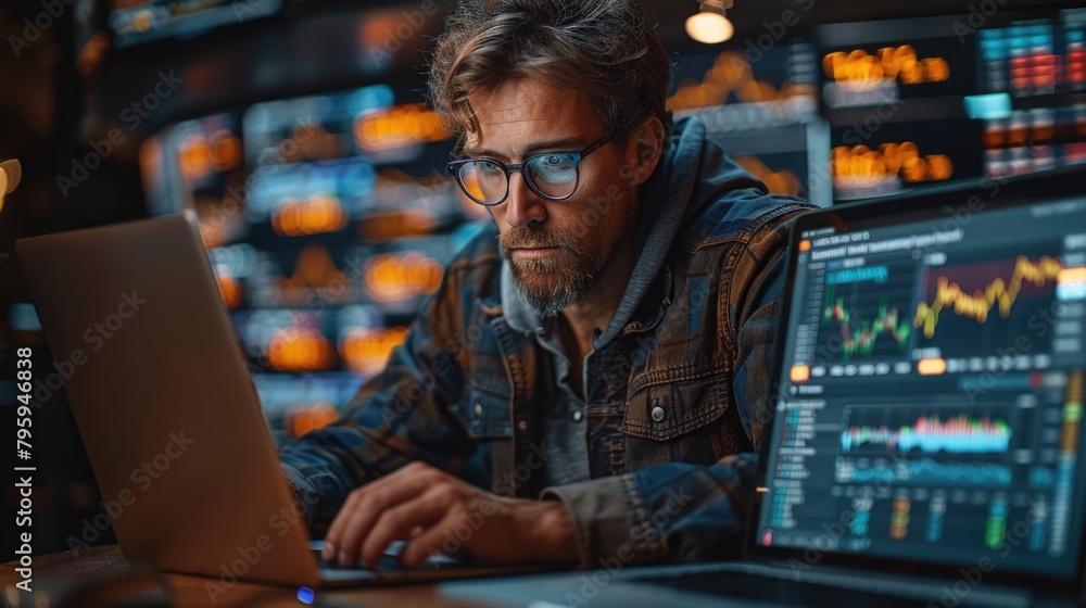 Poster a focused stock trader in glasses analyzing live market data on a laptop.