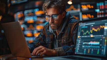 A focused stock trader in glasses analyzing live market data on a laptop.
