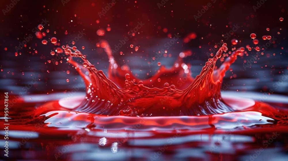 Poster a vivid red liquid forcefully splashes into clear water, creating dynamic patterns and ripples.
