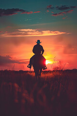 Silhouette of Cowboy Riding Across Vast Grassland Horizon