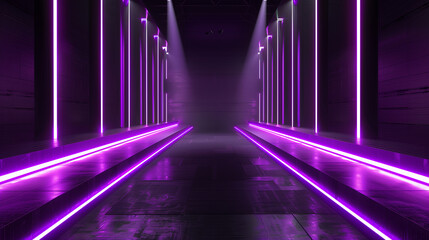 A long, narrow room with purple walls and purple lights