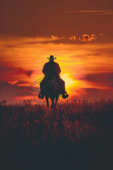 Silhouette of Cowboy Riding Across Vast Grassland Horizon