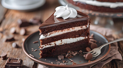 A slice of homemade dark Indulgent dessert fresh chocolate cake with whipped cream on a plate Layered delicious chocolate cake served on table looks soft. - obrazy, fototapety, plakaty