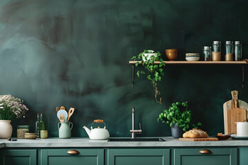 Contemporary modern kitchen interior in dark green colors and concrete elements.