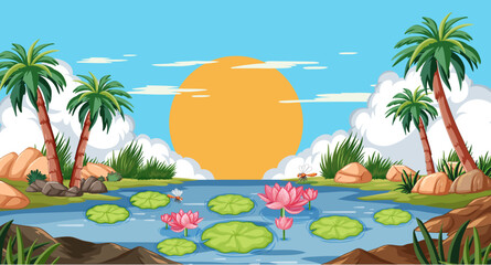 Vector illustration of a serene tropical landscape.