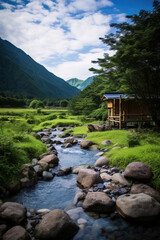 Fototapeta premium landscape with lake and mountains.