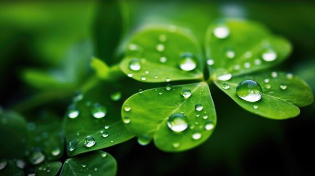 Macro view of green four-leaf clover with morning dew with blurred background, St. Patricks Day luck.