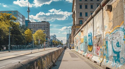 Amidst the hustle and bustle of modern life, the East Side Berlin Wall's remnants offer a glimpse into the city's past, a tangible link to a time of division and strife. - obrazy, fototapety, plakaty