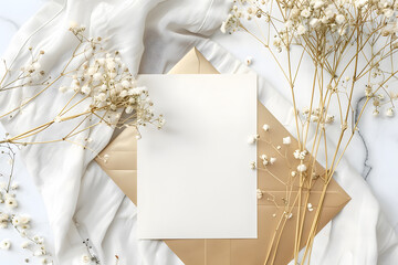 Stylish elegant flat lay white gold floristic greeting invitation post card with copy space mockup. - obrazy, fototapety, plakaty