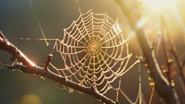 Closeup of a delicate spiderweb glistening in the sunlight strung between two branches in a quiet urban garden. The intricate design of the web and the small spider at its center showcase .