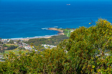 Panoramic view of Wollongong Sydney Australia from Bulli Lookout on a sunny winters day blue skies  Sydney NSW Australia