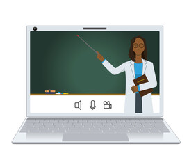 オンライン授業のイメージイラスト　フラットデザインの白衣を着た黒人女性　医師ドクター
- 795951206