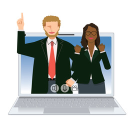 オンライン会議のイメージイラスト　男女二人のフラットデザインの白人男性と黒人女性のビジネスマン
- 795951225