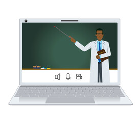 オンライン授業のイメージイラスト　フラットデザインの白衣を着た黒人男性　医師ドクター
- 795951280