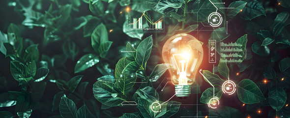 Energy UI with light bulb, graphs, and data visualizations on green leaves background. Sustainable development icons.