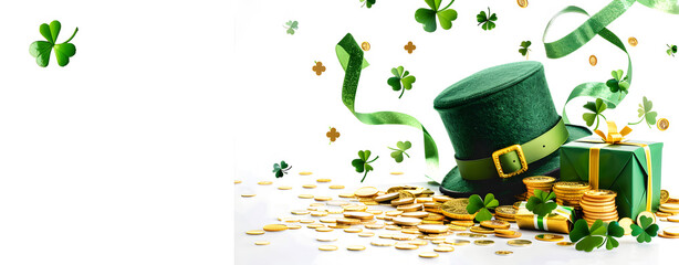 Leprechaun' hat and gold covered coins on white wood background headwear gift boxes pot Four-leaf green clover hat and gold coins for good luck on St. Patrick's Day, white background, spring holiday.