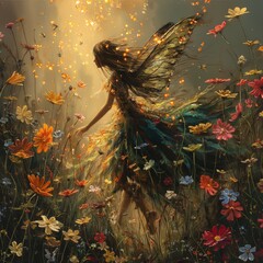 Flying fairy with blonde hair and butterfly wings. Children's illustration - obrazy, fototapety, plakaty
