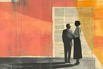 Businesswoman talking together newspaper painting adult - obrazy, fototapety, plakaty