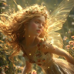 Flying fairy with blonde hair and butterfly wings. Children's illustration - obrazy, fototapety, plakaty