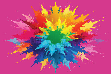 colorful rainbow holi paint color powder explosion vector, isolated wide hot pink panorama background