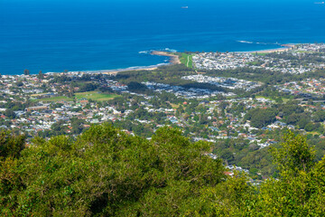 Panoramic view of Wollongong Sydney Australia from Bulli Lookout on a sunny winters day blue skies  Sydney NSW Australia