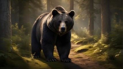 A cuddly bear, a gentle giant of the forest, meanders through the forest, its dark coat blending with the shadows.