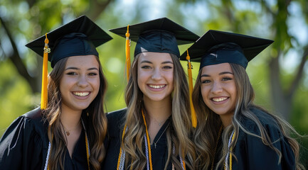 Three beautiful college girls in their graduation gowns, wearing black caps with golden tassels on top. 
