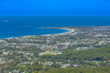 Panoramic view of Wollongong Sydney Australia from Bulli Lookout on a sunny winters day blue skies ...
