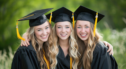 Three beautiful college girls in their graduation gowns, wearing black caps with golden tassels on top. 