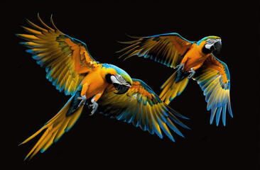 blue and yellow macaw parrots flying in the air
