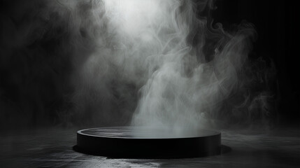 Podium black dark smoke background product platform abstract stage texture fog spotlight. Dark black floor podium dramatic empty night room table concrete wall scene place display studio smoky dust