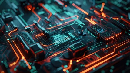 circuit board with glowing orange and green lines - obrazy, fototapety, plakaty